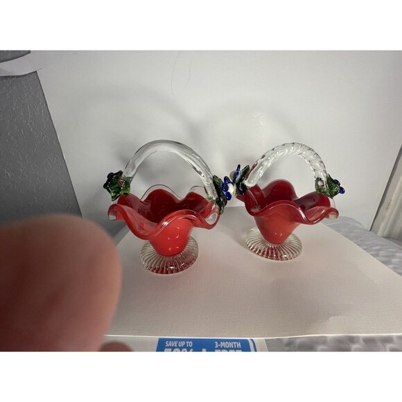 Vintage Art Glass Red Clear Basket Applied Blue Flowers Beautiful 2 Baskets - Picture 5 of 9